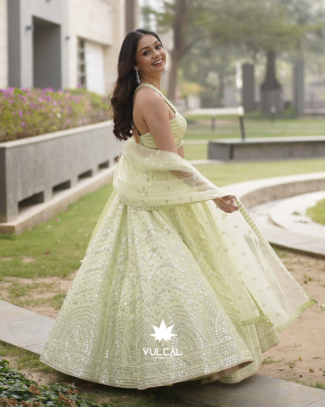 Pastel Green Mirror Work Lehenga Set Vulcal Store Pastel Green Mirror Work Lehenga Set Vulcal Store