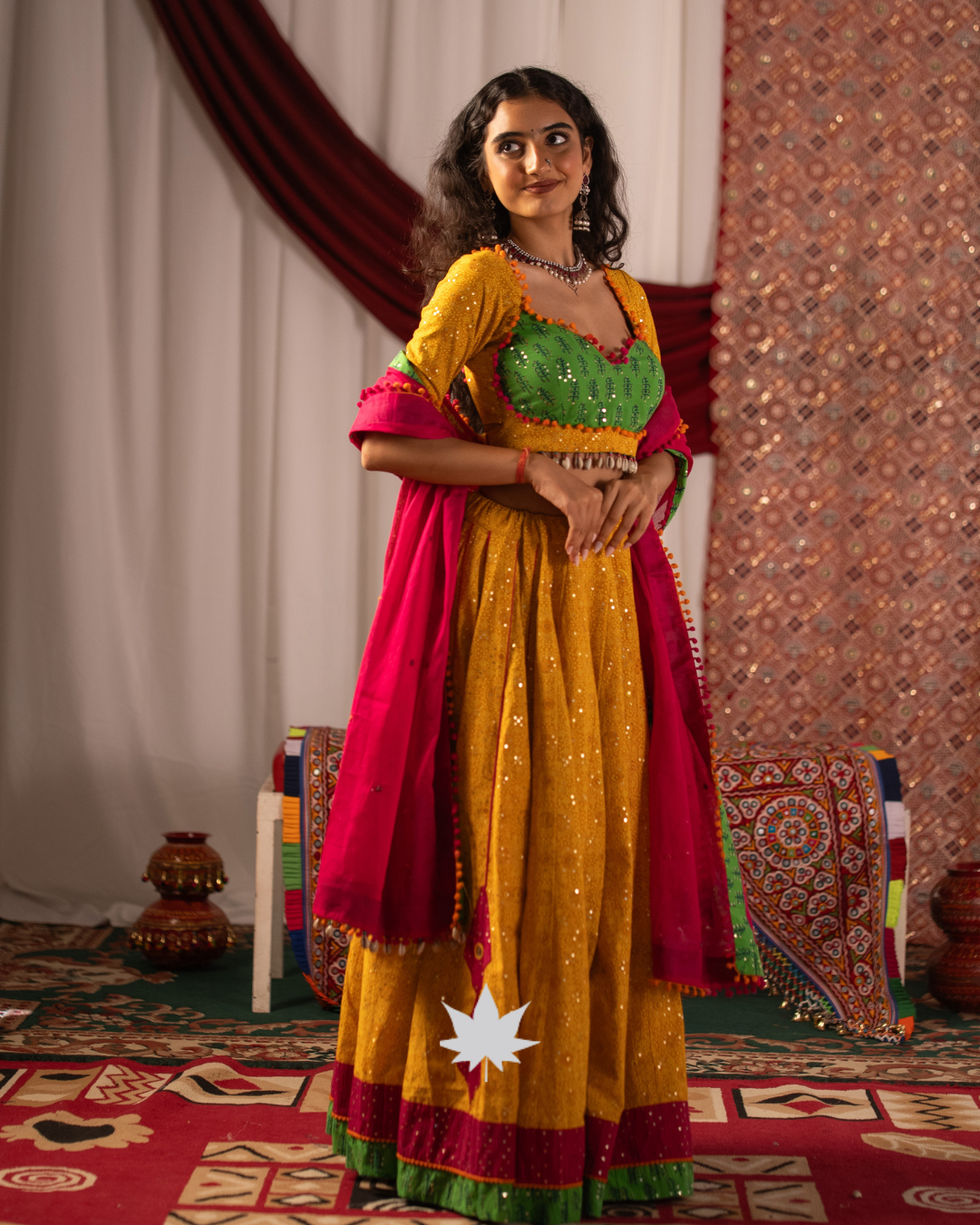 Yellow and Green Cowrie-Shell Detail Chaniya Choli