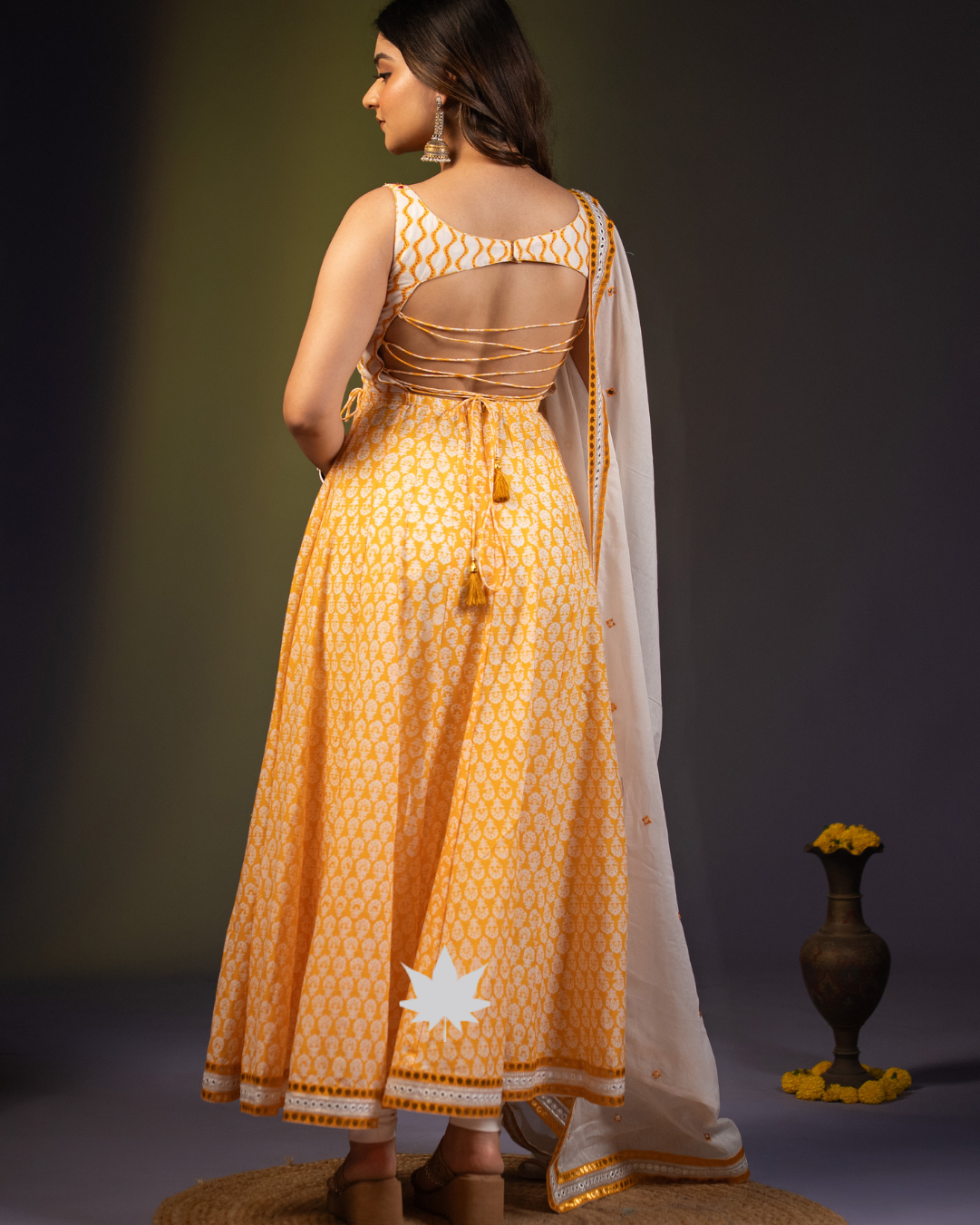 Mustard-Yellow floral Anarkali suit with ivory dupatta