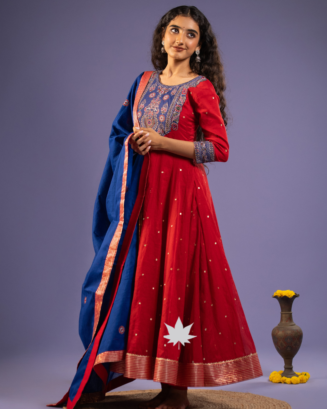 Red Embroidered Anarkali Set with Indigo Blue Dupatta