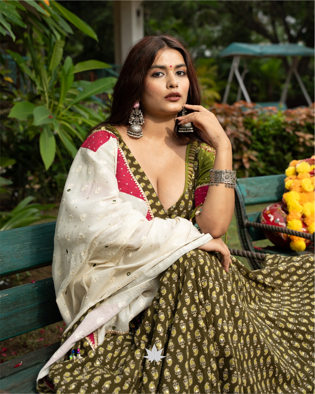 Olive Green Handcrafted Chaniya Choli Set with Multi-colored Dupatta