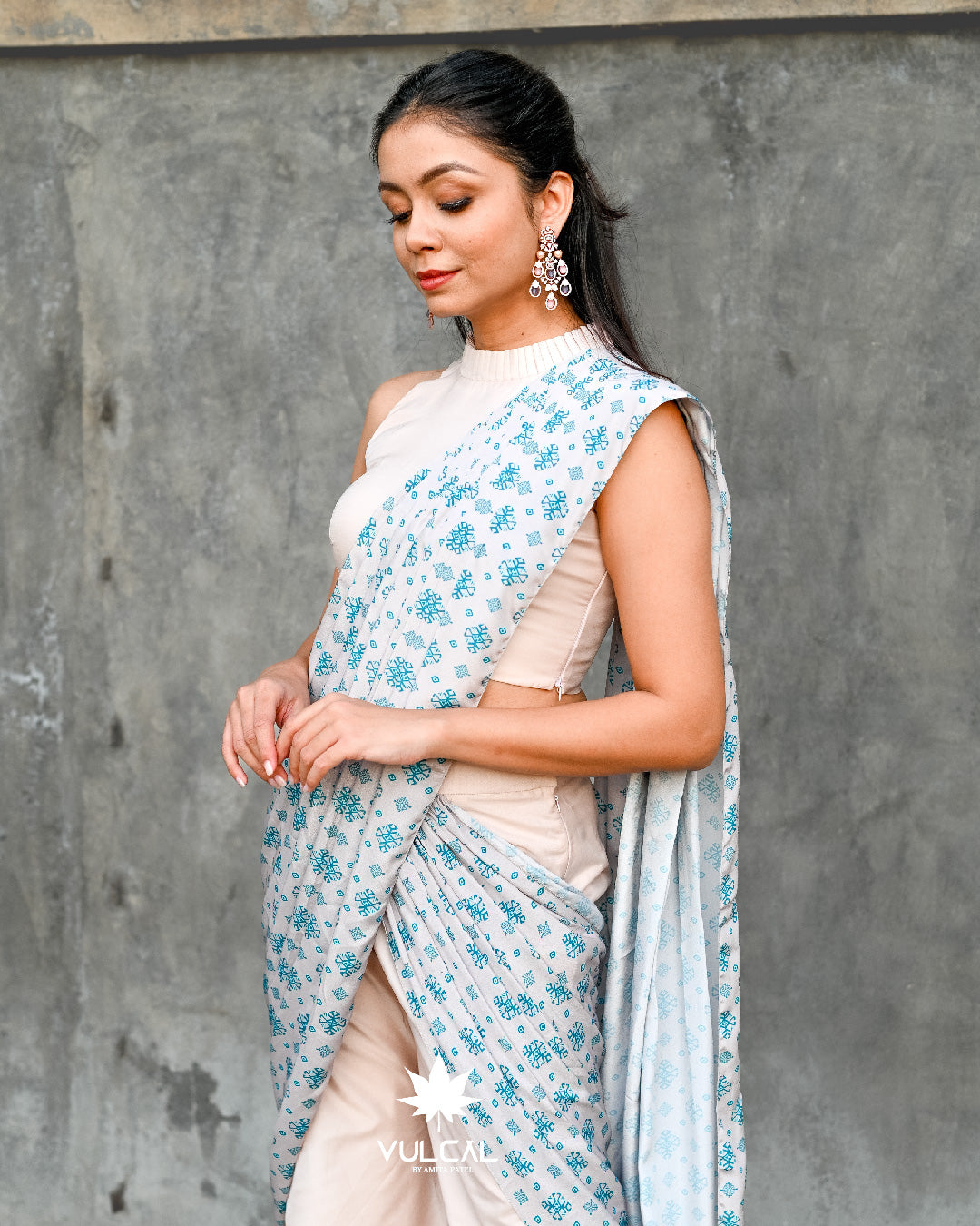 Light Cream & Light Blue Saree