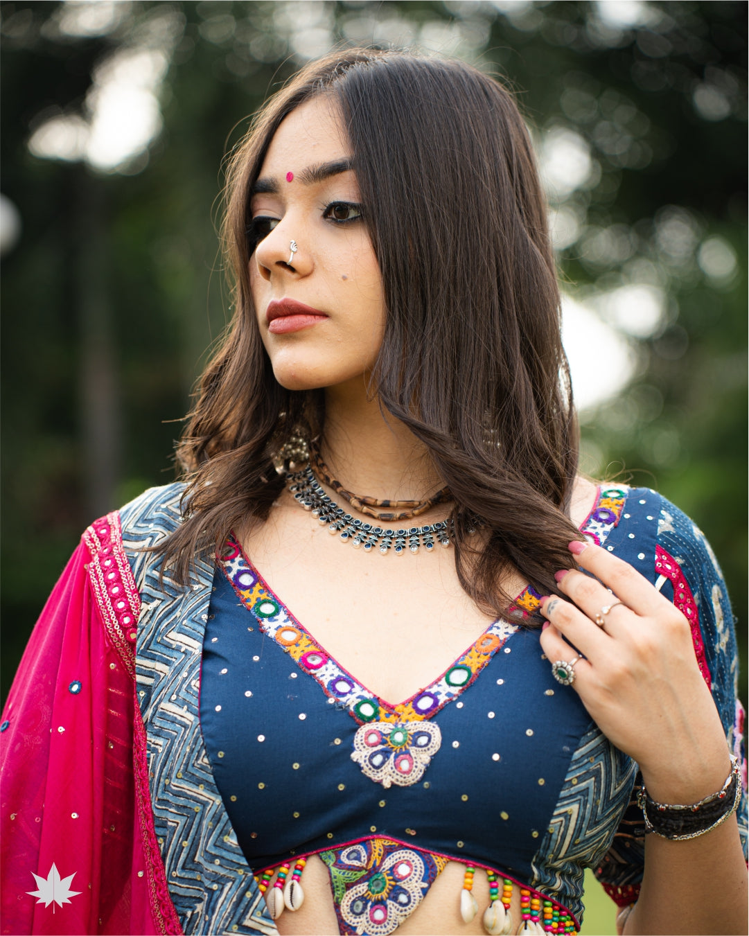 Midnight Blue Mirror Work Chaniya Choli Set with Hot Pink Dupatta