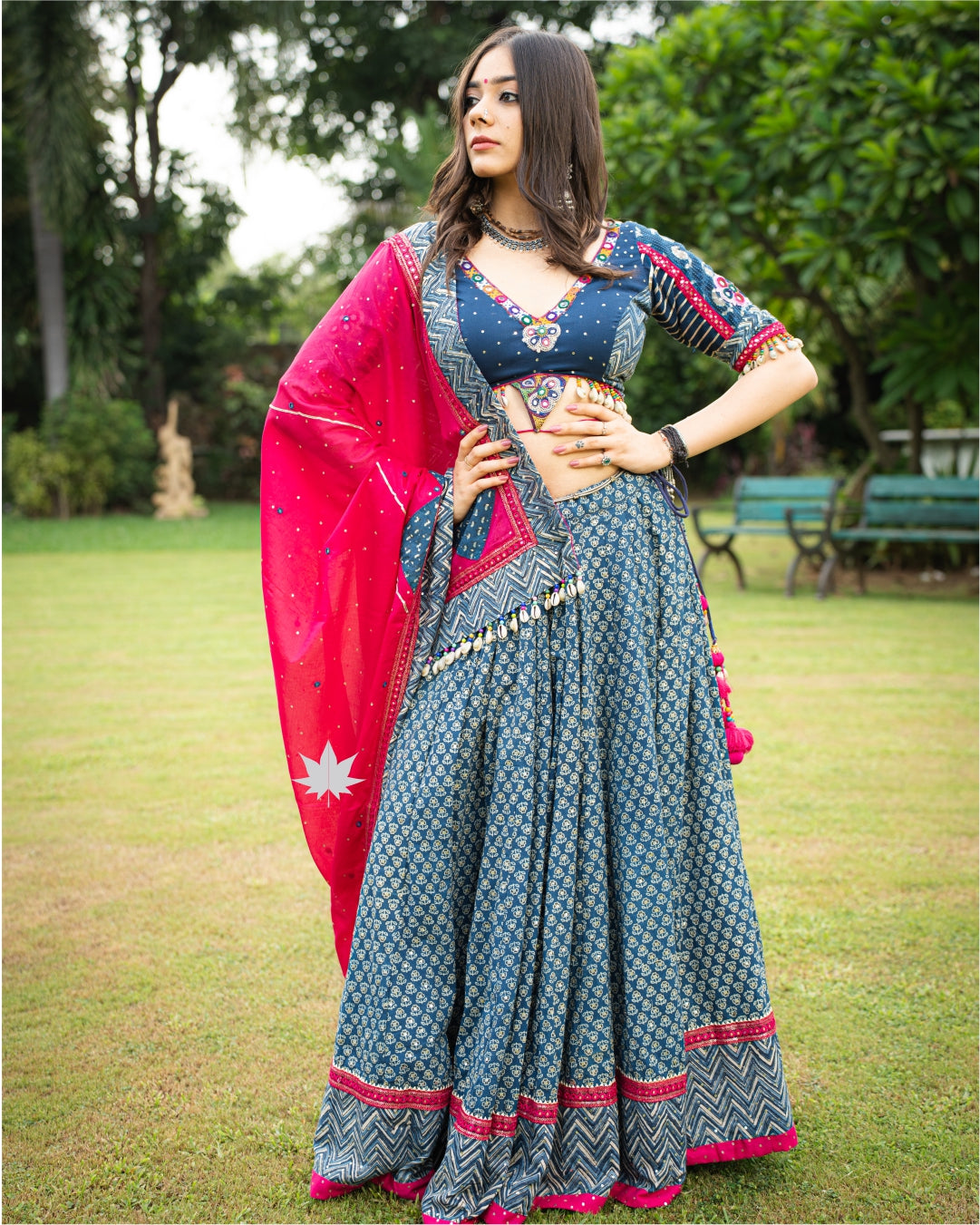 Midnight Blue Mirror Work Chaniya Choli Set with Hot Pink Dupatta