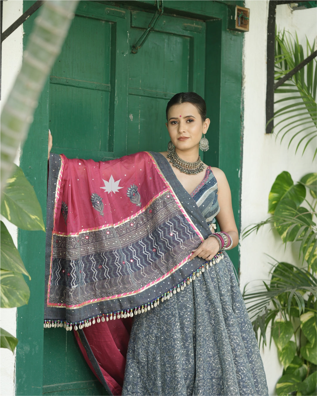 Pink And Grey Chaniya Choli Set