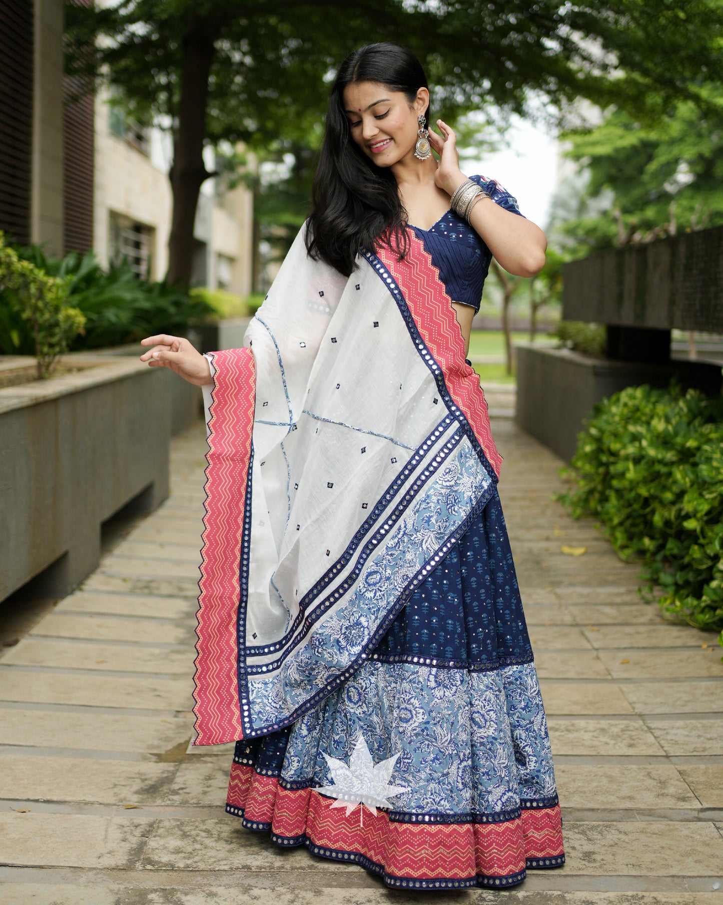 Blue And Pink Chaniya Choli With An Off White Dupatta Set