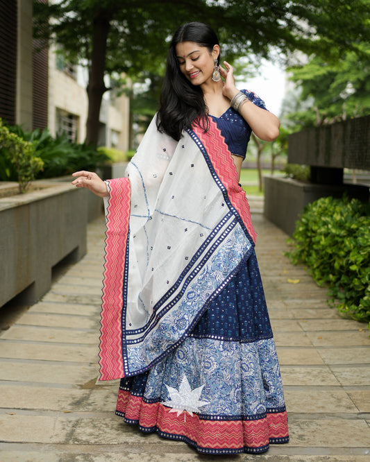 Blue And Pink Chaniya Choli With An Off White Dupatta Set