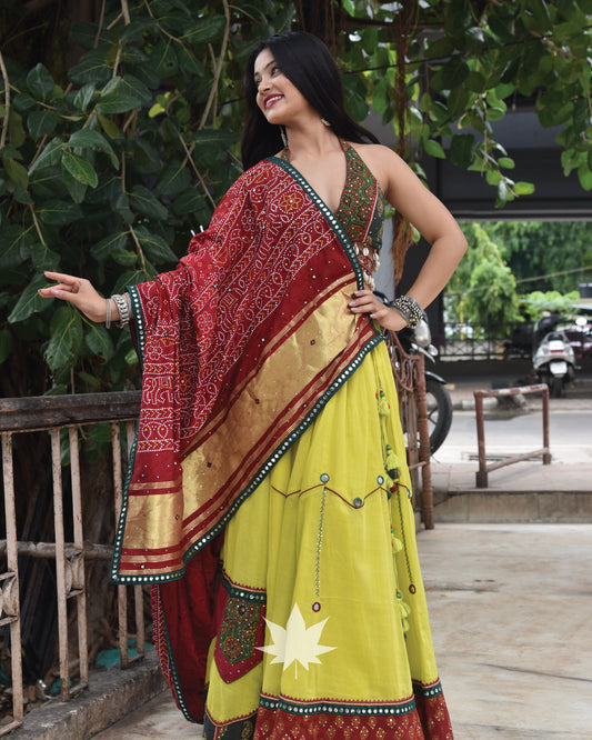 Green Assymetrical Patchwork Chaniya With A Halter Neck Blouse And Red Dupatta Set