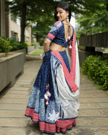 Blue And Pink Chaniya Choli With An Off White Dupatta Set