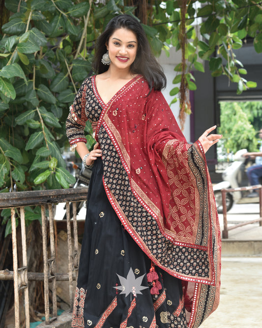 Black And Maroon Hand Block Printed Chaniya Choli Set