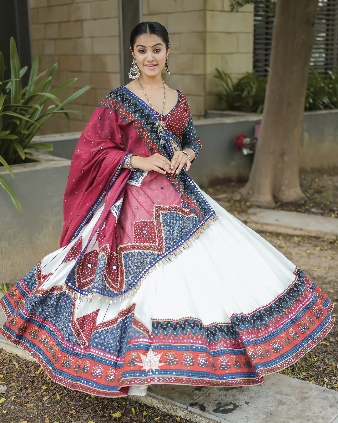 Off white chaniya choli with red and blue patchwork set