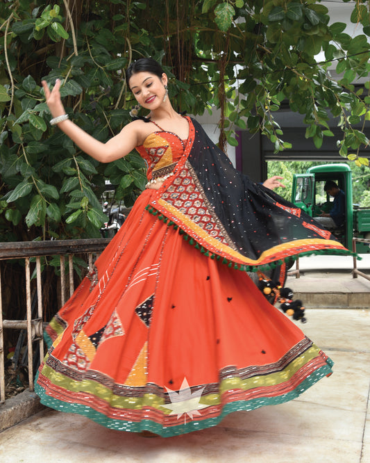 Orange Assyemetrical Chaniya With Orange Blouse And Patchwork Dupatta Set