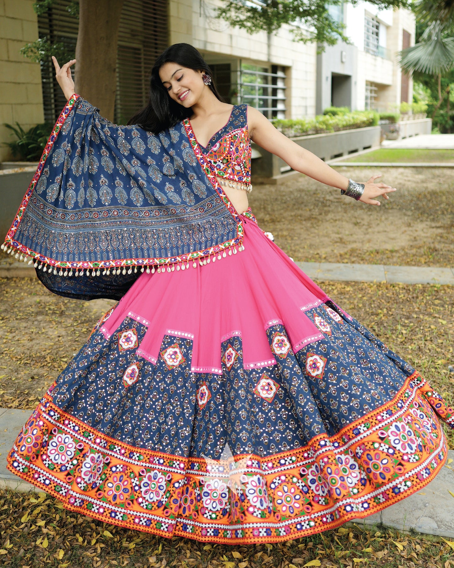 Pink And Blue Gamthi Chaniya Choli Set