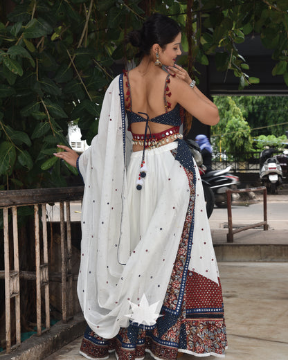 Off White Assyemterical Chaniya With Maroon Blouse And Patchwork Dupatta Set