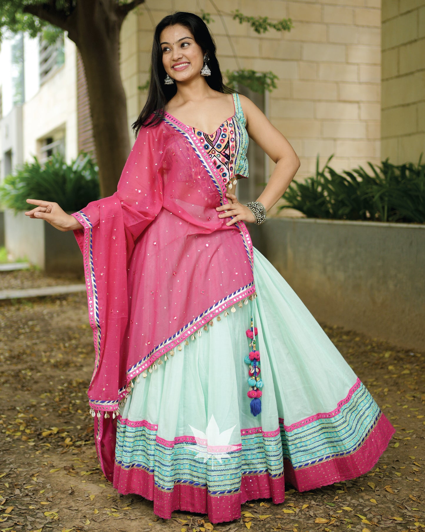 Pastel Green And Pink Gamthi Chaniya Choli Set