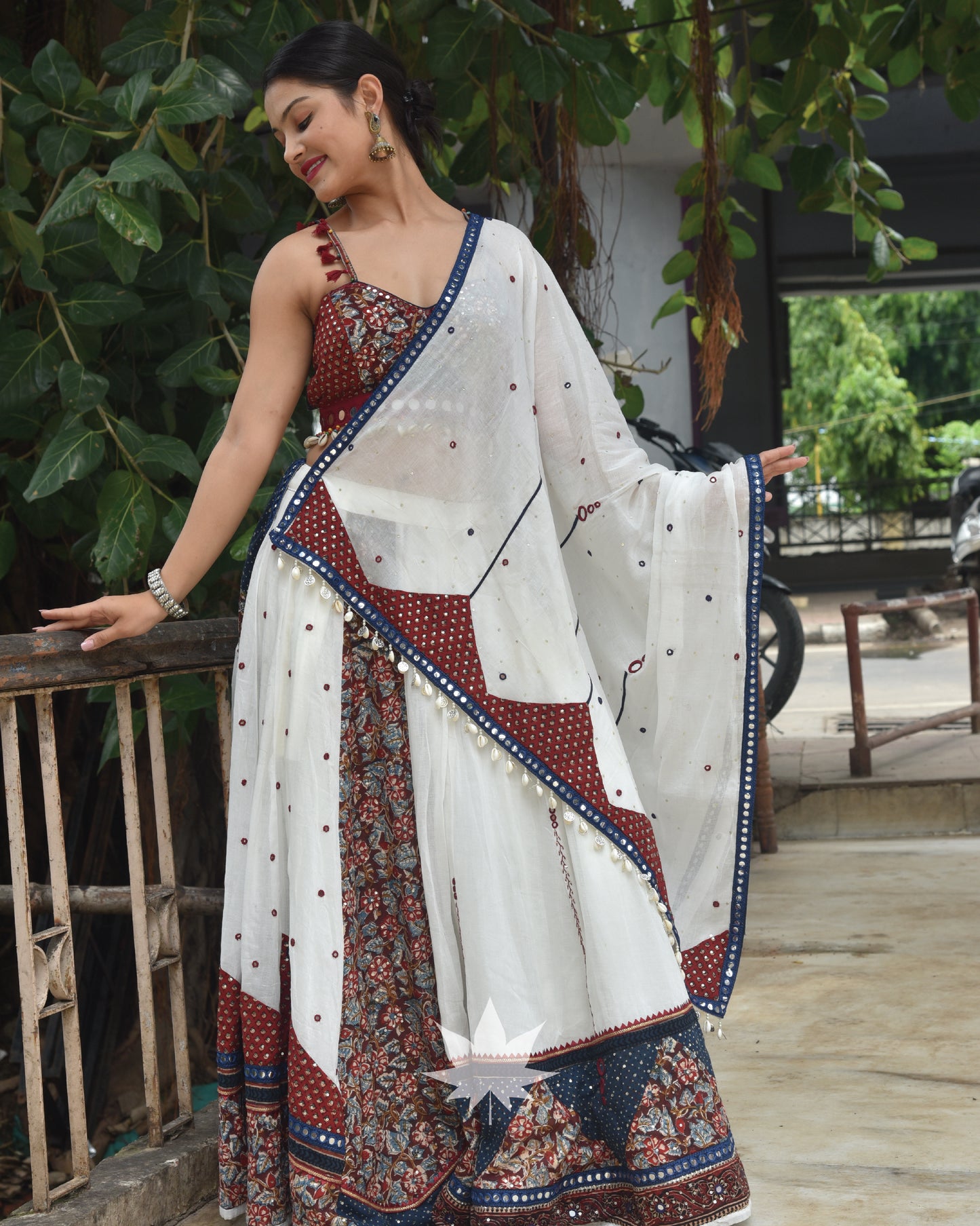 Off White Assyemterical Chaniya With Maroon Blouse And Patchwork Dupatta Set