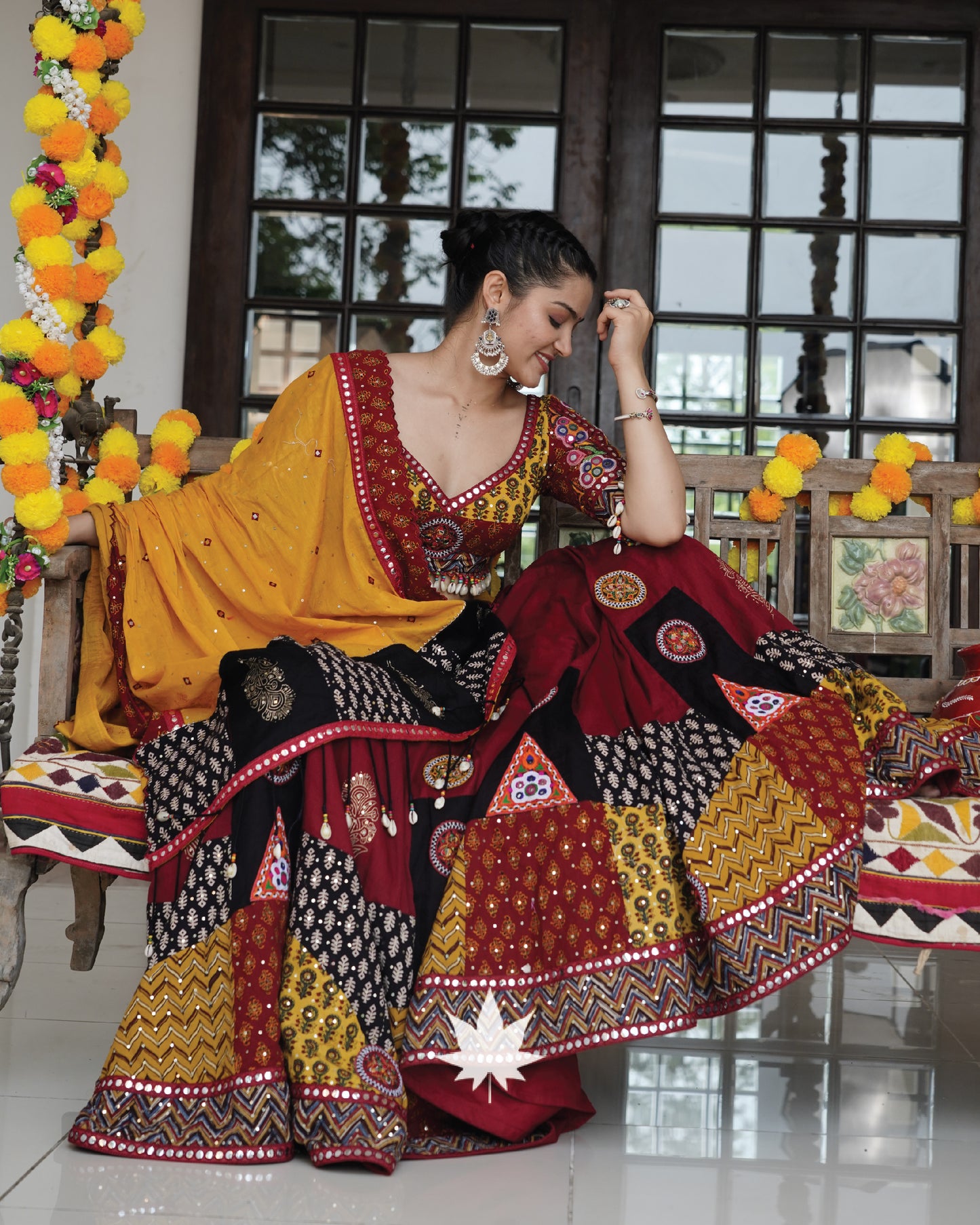 Maroon And Yellow Patchwork Gamthi Chaniya Choli Set