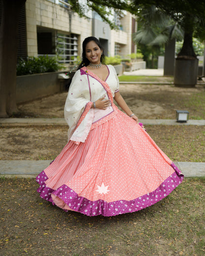 Peach And White Bandhani Chaniya Choli Set