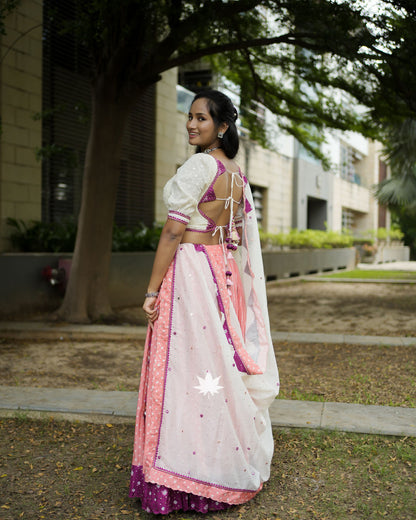 Peach And White Bandhani Chaniya Choli Set