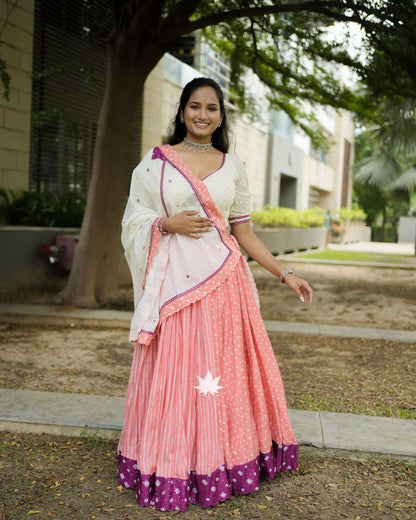 Peach And White Bandhani Chaniya Choli Set