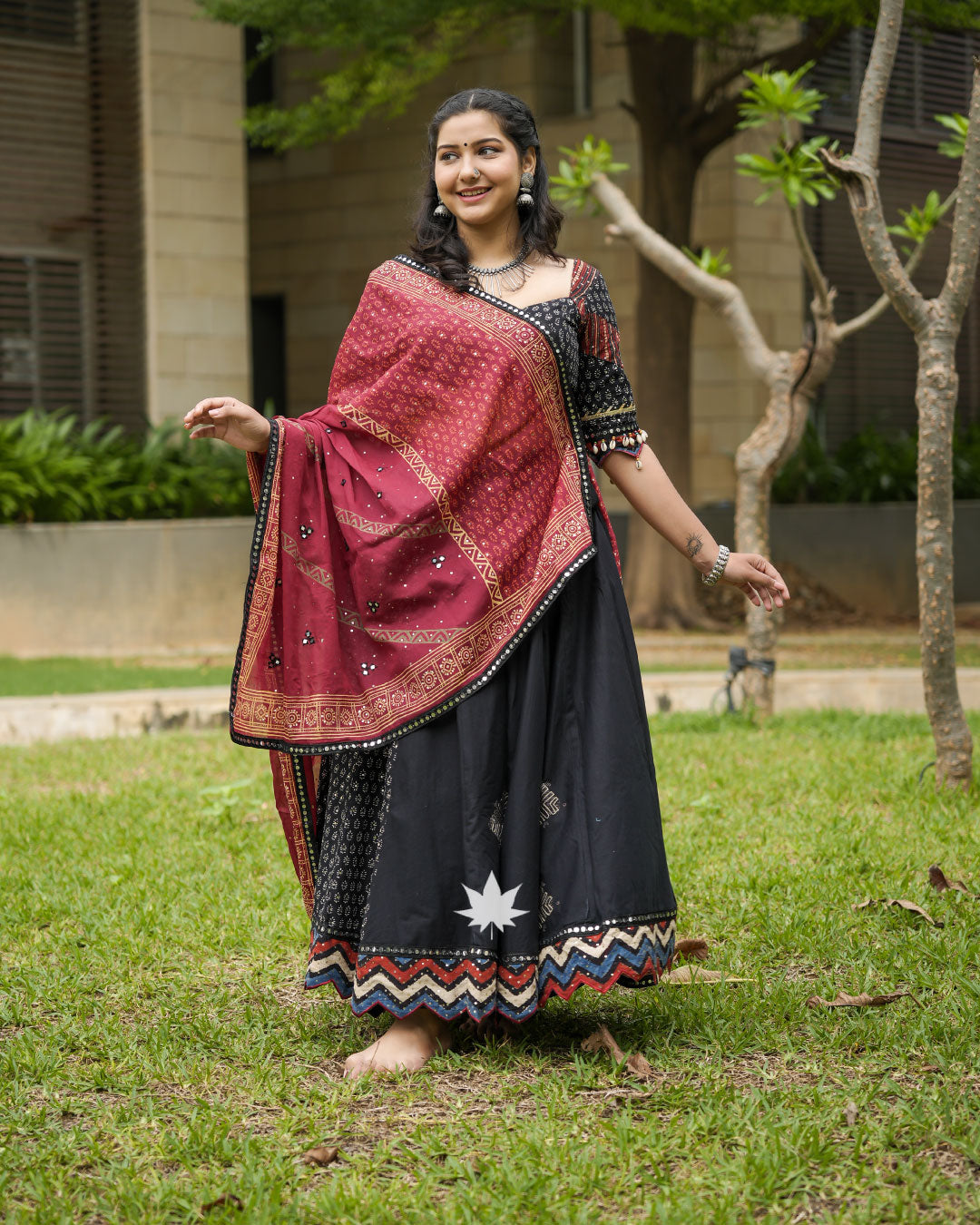 Black And Maroon Hand Block Printed Chaniya Choli Set