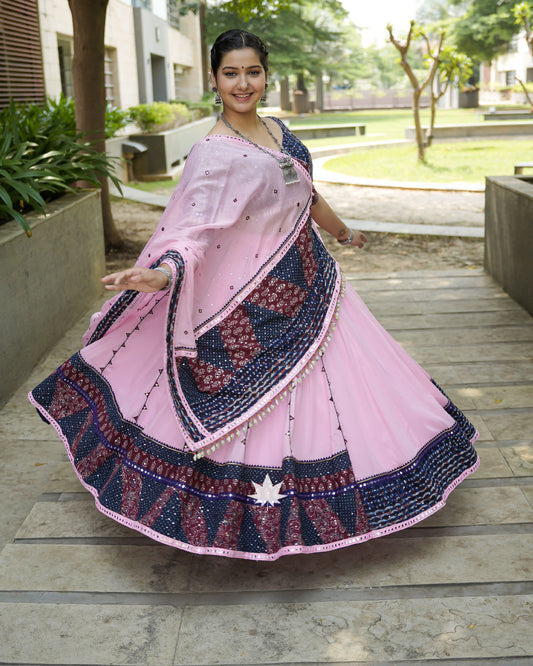 Blue And Pink Assymetrical Chaniya Choli Set