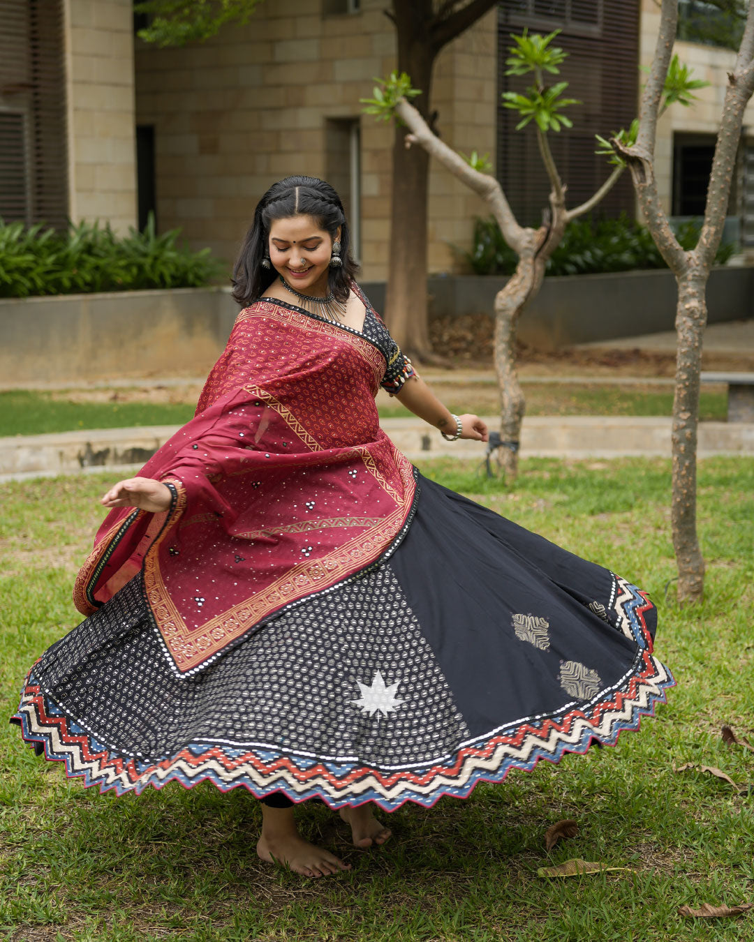 Black And Maroon Hand Block Printed Chaniya Choli Set