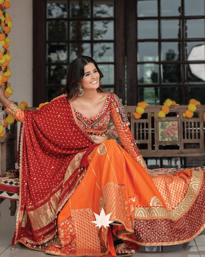 Flawless Orange Silk Patchwork Chaniya Choli Set