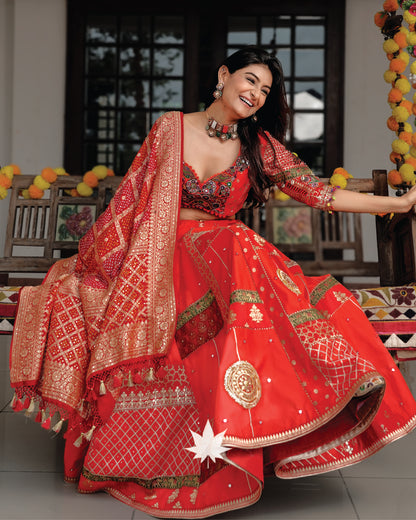 Rich Red Silk Patchwork Chaniya Choli Set