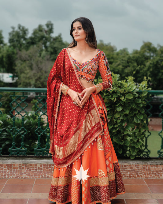 Flawless Orange Silk Patchwork Chaniya Choli Set