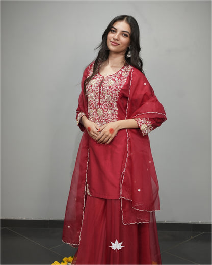 Red Handwork Kurta And Sharara Set