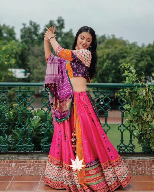 Hot Pink Silk Patchwork Chaniya Choli Set