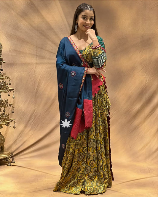 Avani Olive Green Ajrak Chaniya Choli