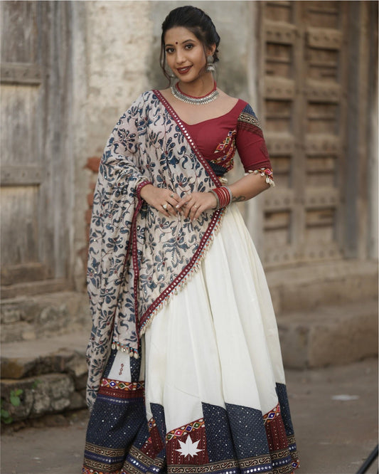 White And Navy Blue Cotton Chaniya Choli With Maroon Blouse And Printed Dupatta