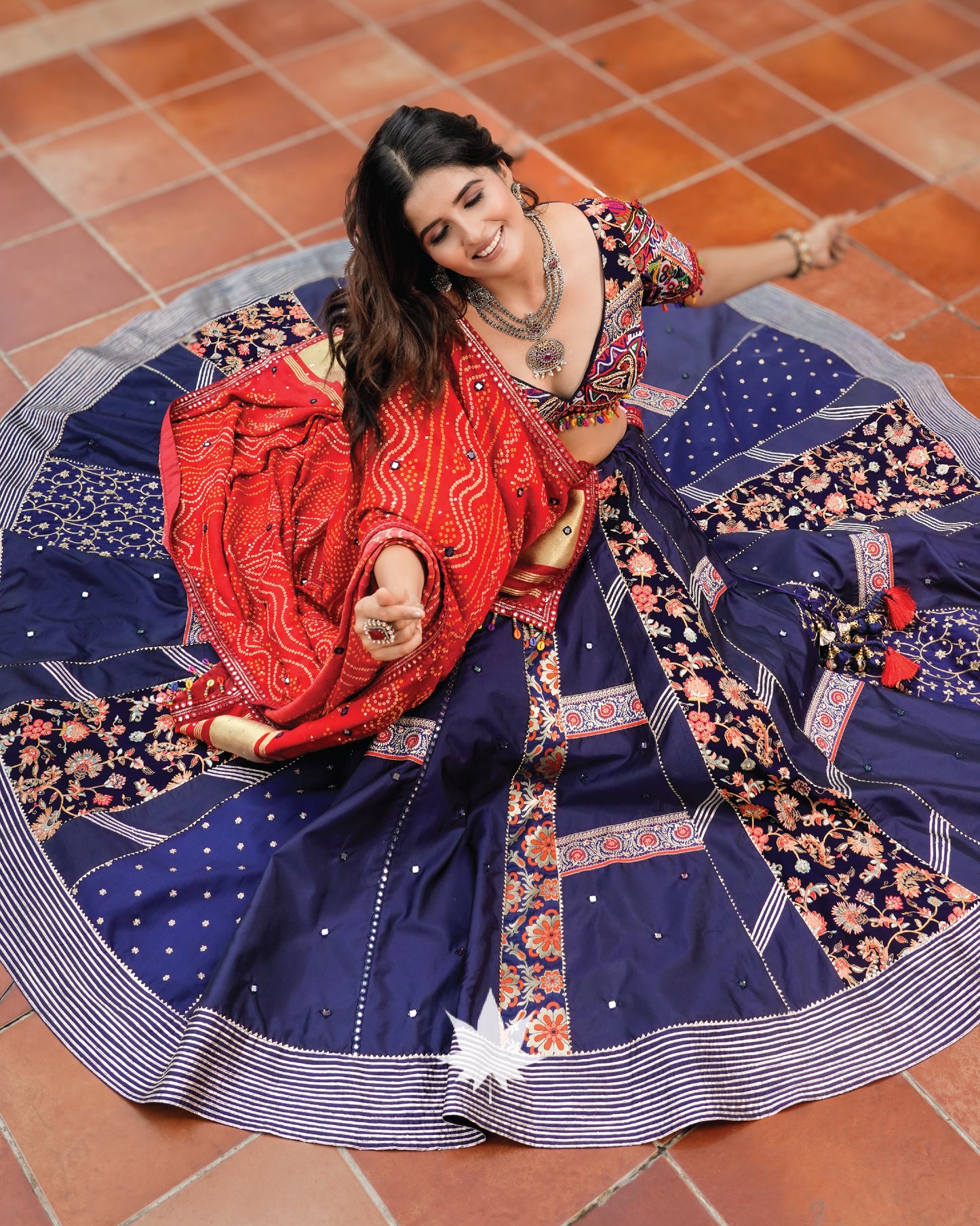 Unique Patchwork Silk Deep Blue Chaniya Choli Set