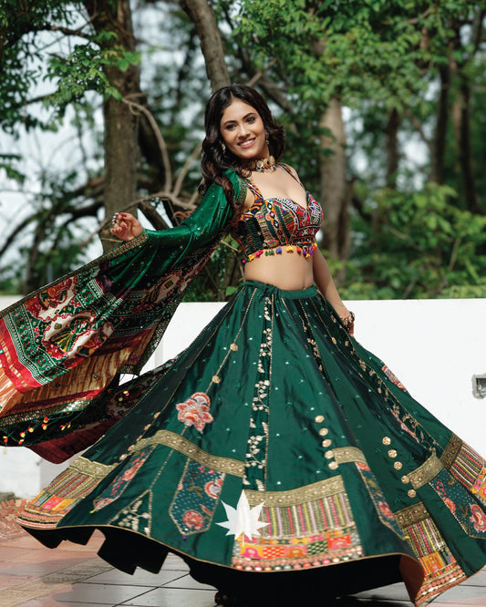 Bottle Green Patchwork Silk Chaniya Choli Set