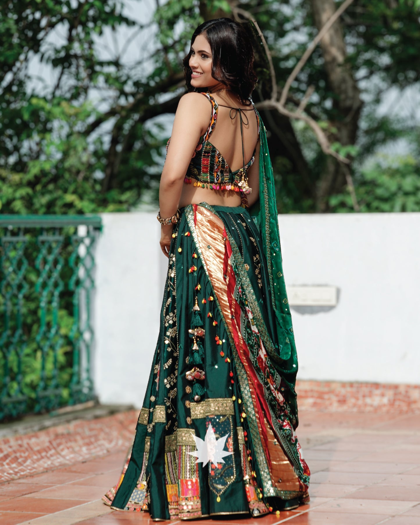 Bottle Green Patchwork Silk Chaniya Choli Set