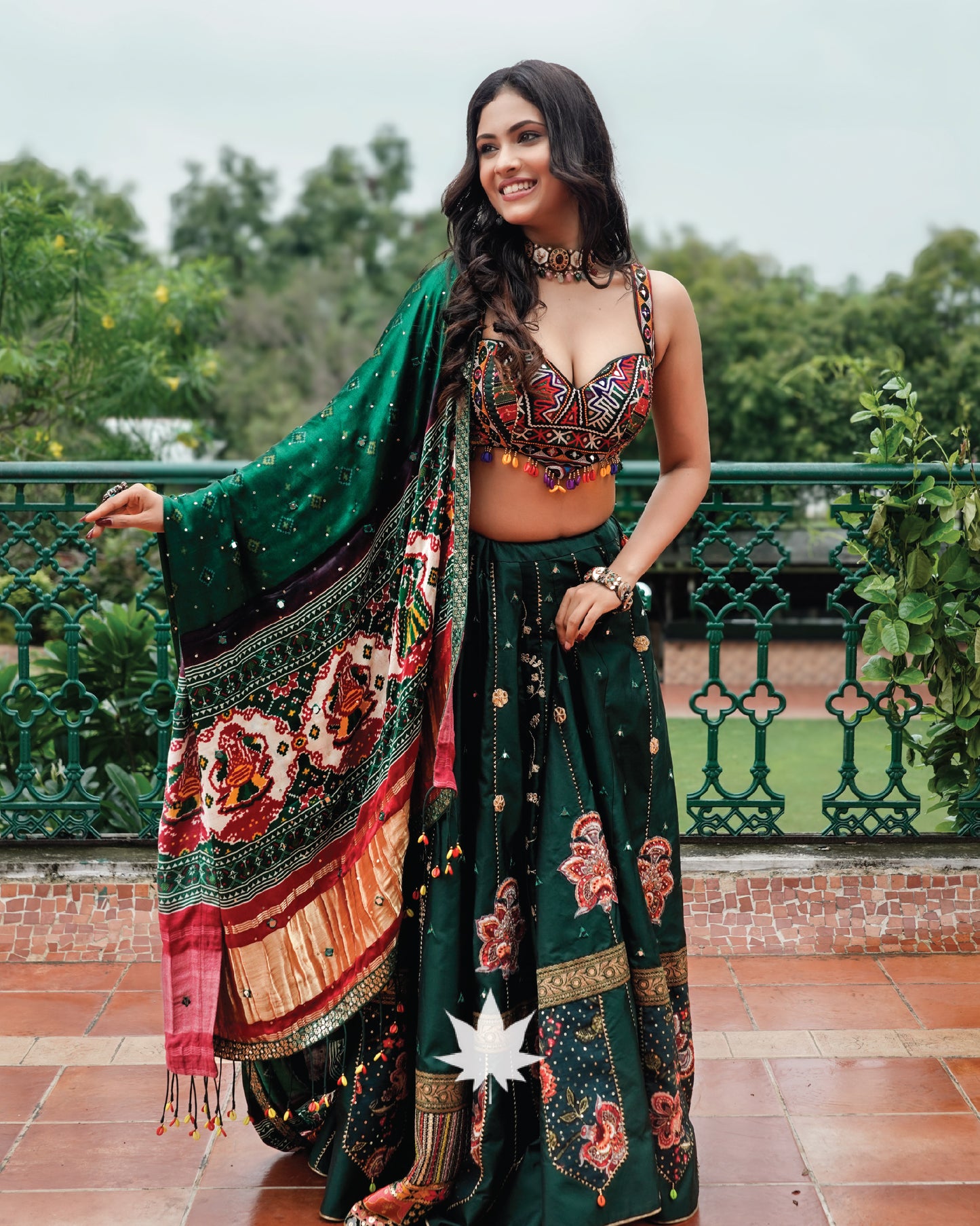 Bottle Green Patchwork Silk Chaniya Choli Set