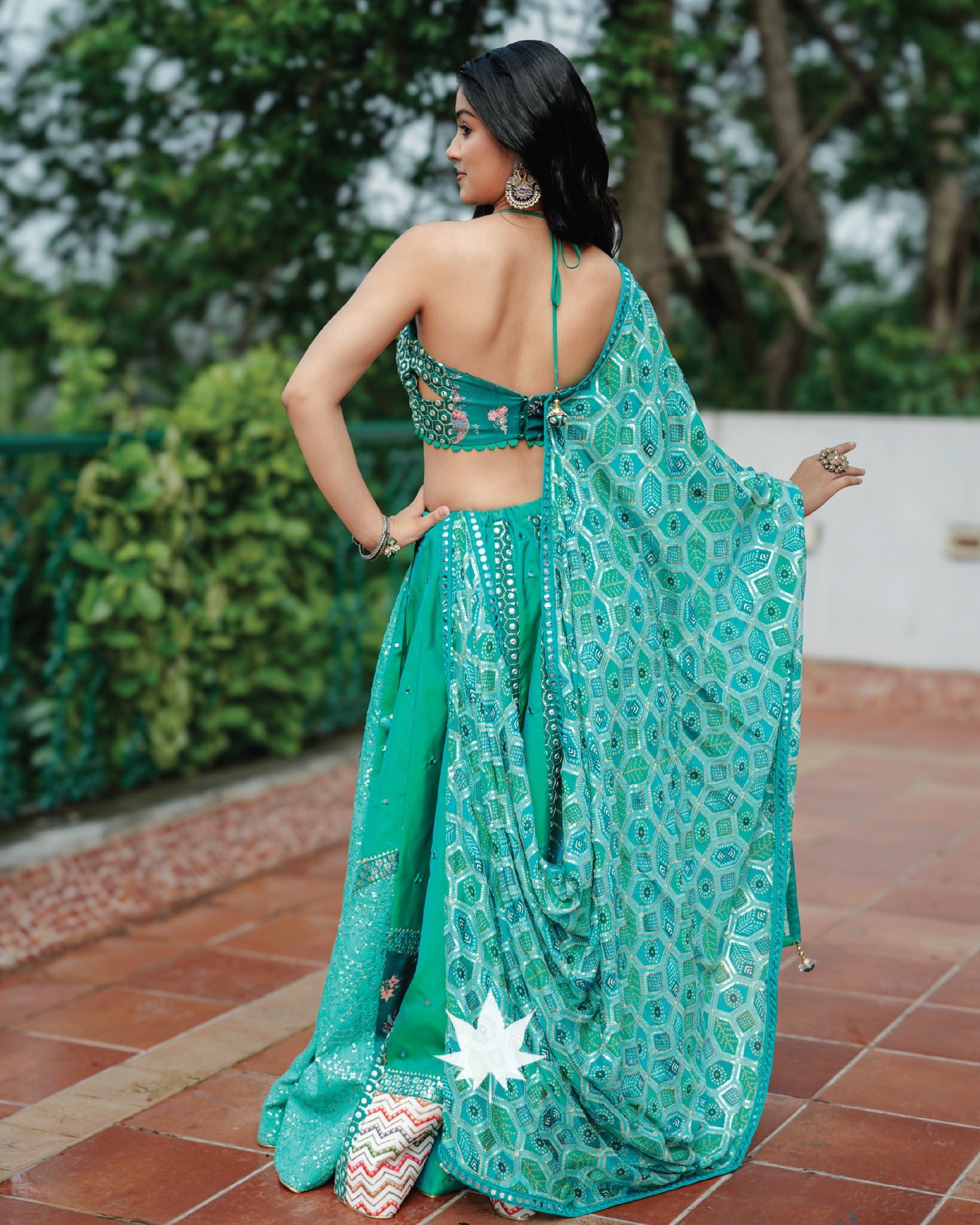 Sea Green Silk Chaniya Choli Set With Halter Neck Blouse