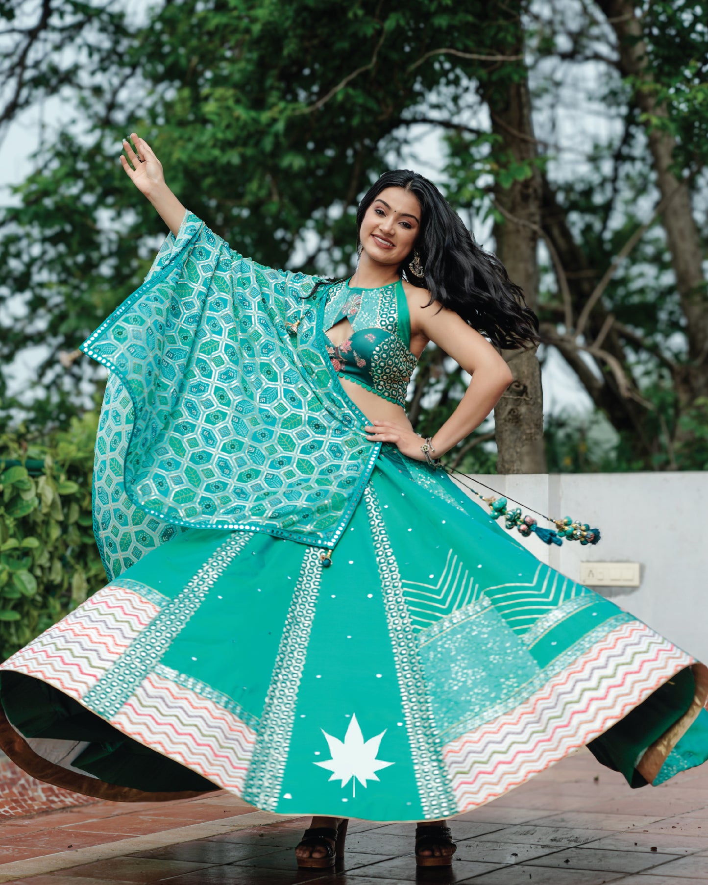 Sea Green Silk Chaniya Choli Set With Halter Neck Blouse