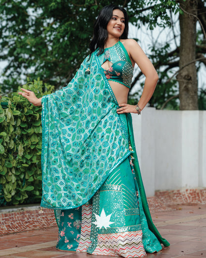 Sea Green Silk Chaniya Choli Set With Halter Neck Blouse