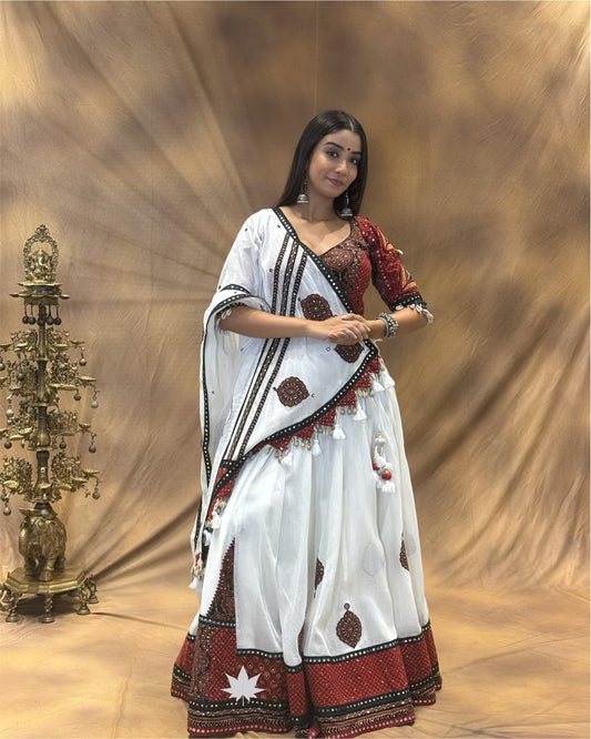 Taruvi White & Brown Cotton Chaniya Choli