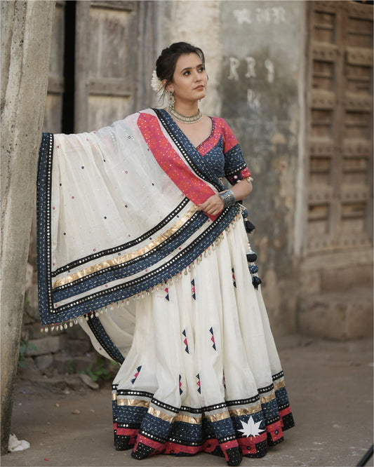 White And Navy Cotton Chaniya Choli Set With Pink Blouse And Mirrorwork Dupatta