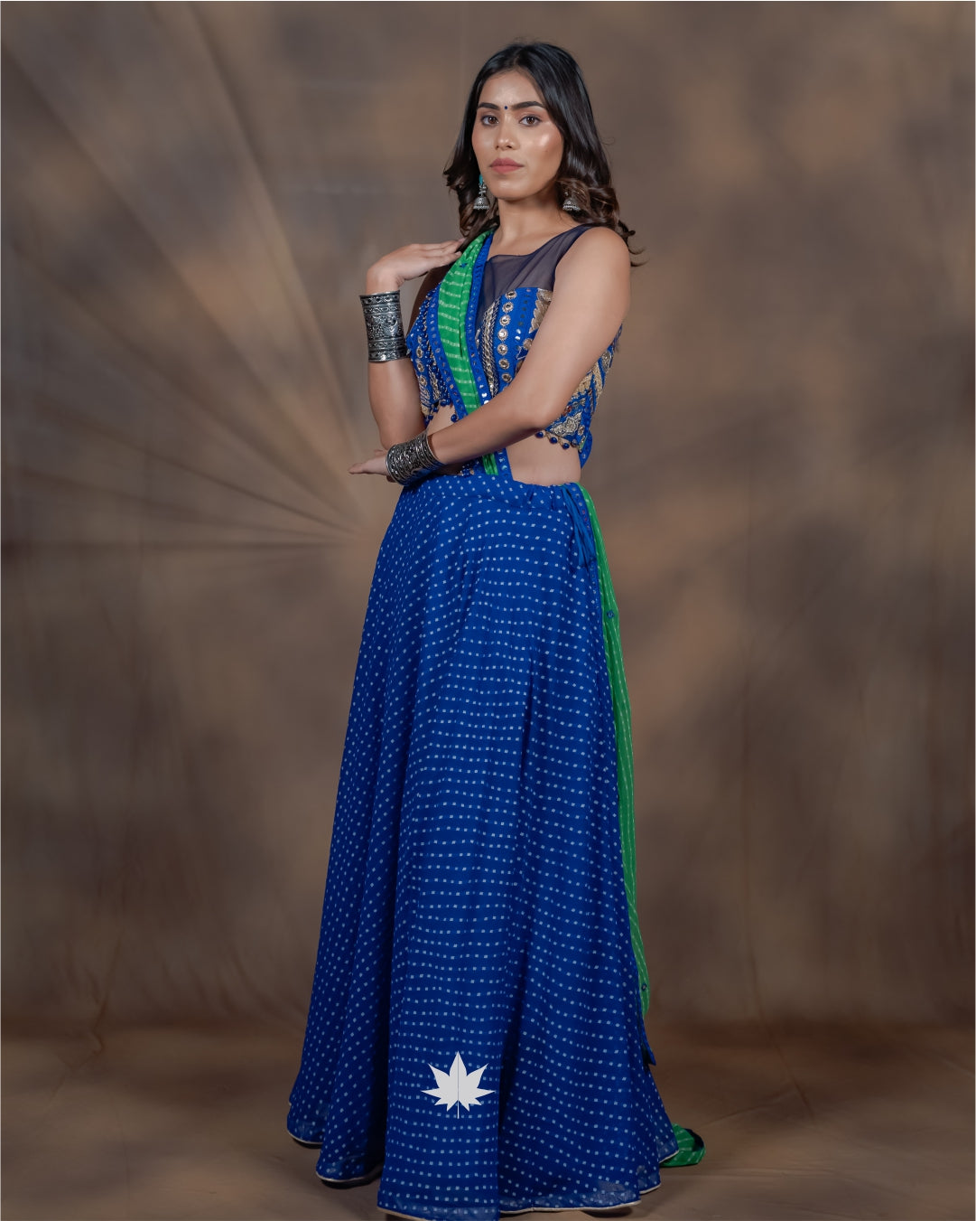 Neyara Blue & Green Halter Neck Georgette Chaniya Choli