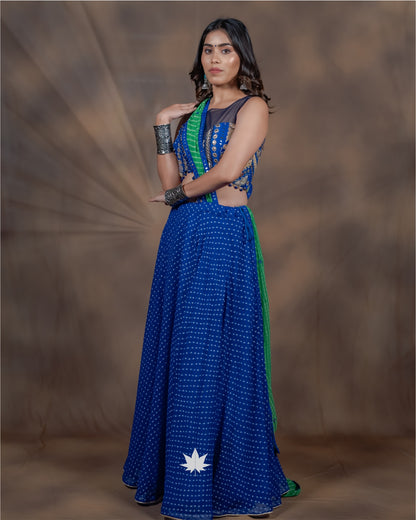 Neyara Blue & Green Halter Neck Georgette Chaniya Choli