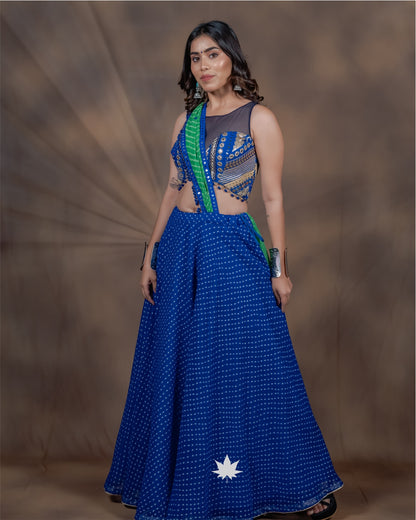 Neyara Blue & Green Halter Neck Georgette Chaniya Choli