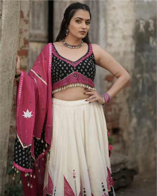 Black And White Chaniya Choli Set With Pink Mirrorwork Dupatta