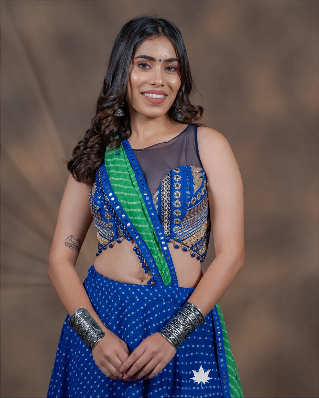 Neyara Blue & Green Halter Neck Georgette Chaniya Choli