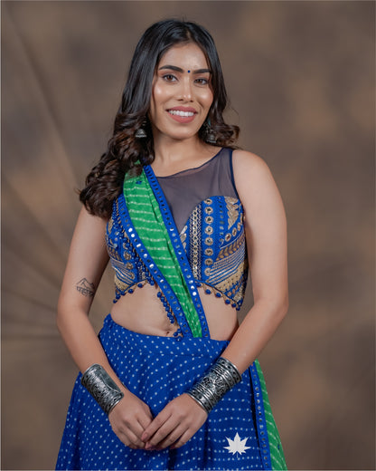 Neyara Blue & Green Halter Neck Georgette Chaniya Choli