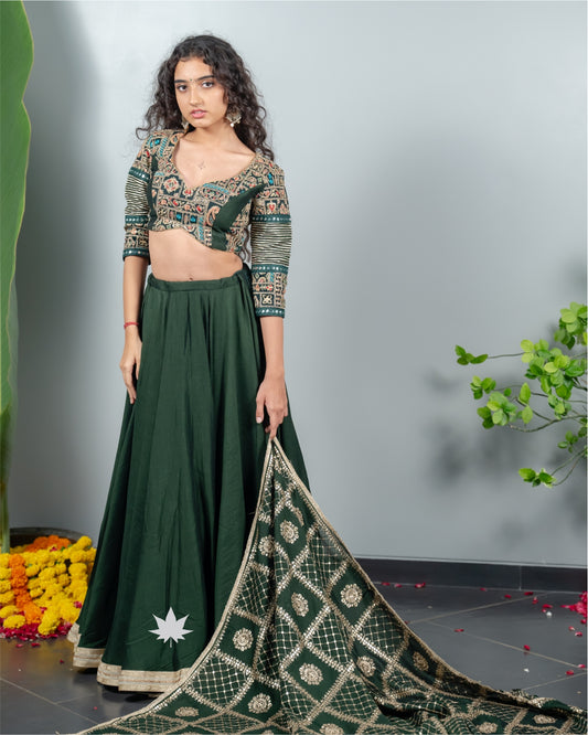 Green Chaniya Choli with Embroidered Blouse & Banarasi Dupatta